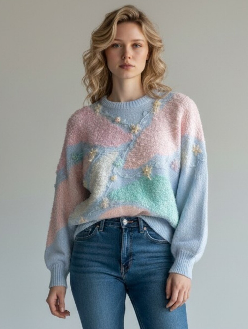 Vintage 90s Jaclyn Smith Pastel Embroidery Pearl Bead Knit Sweater Size Petite L